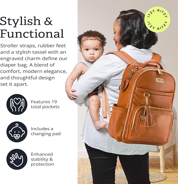 Itzy Ritzy Boss Plus Large Diaper Bag Backpack with 19 Pockets (Cognac)