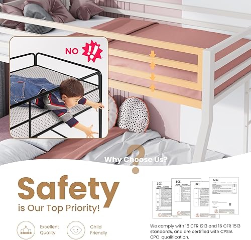 Miniatura 3 de SHA CERLIN Litera tipo loft de tamaño individual sobre full con escalera y barandilla, listones de metal resistente, no necesita somier, muebles