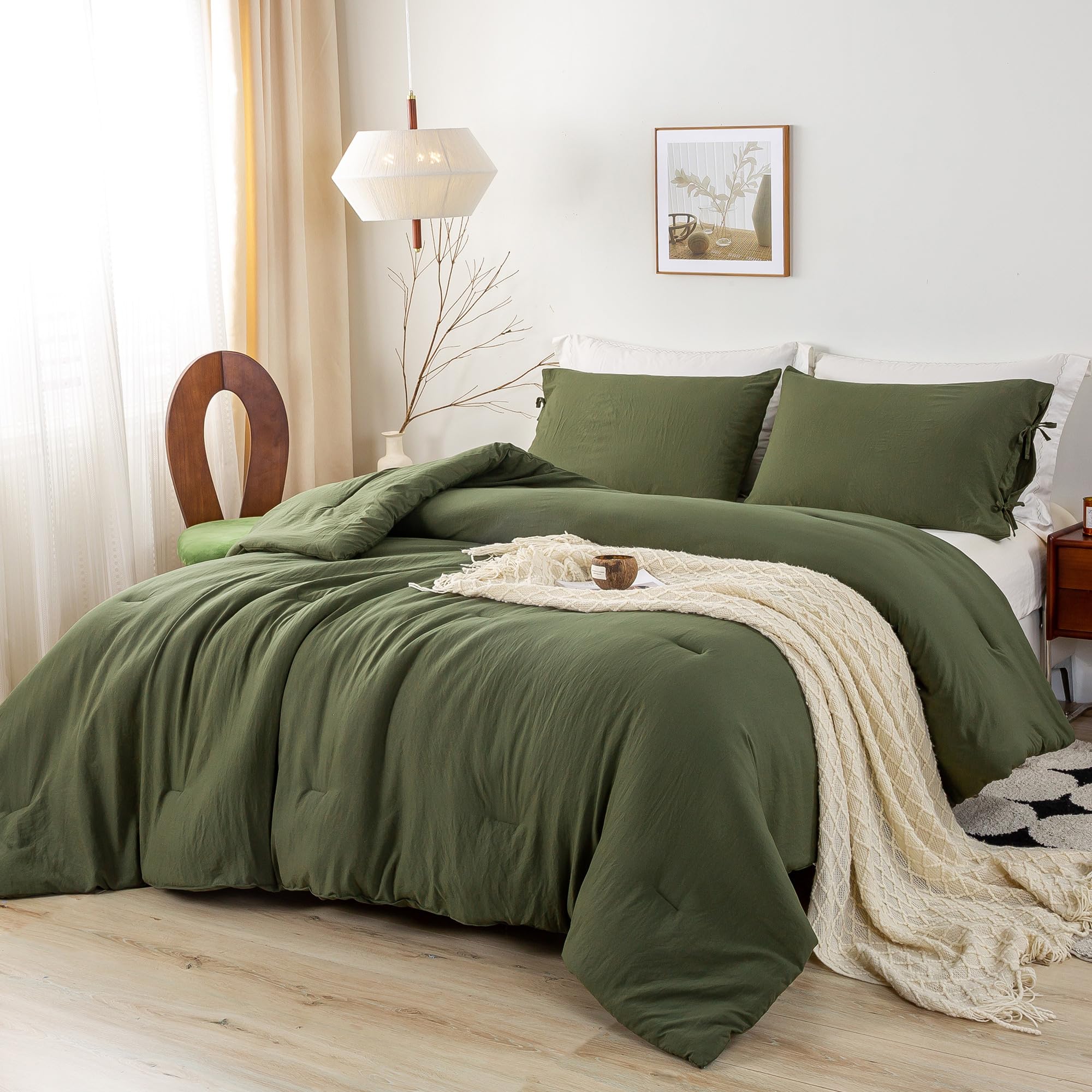Olive Green Comforter Set Full Size, Super Soft Comfy Solid Washed Cotton Bedding Comforter with 1 Down Alternative Comforter and 2 Pillowcase Fluffy Lightweight All Season Green Comforter