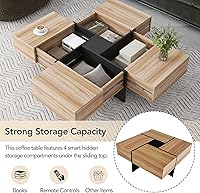 Vista 6 de DHAEY Mesa de centro cuadrada con 4 compartimentos de almacenamiento ocultos, mesa central con mesa deslizante extensible, mesa de cóctel, mesa