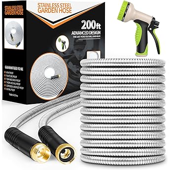200 ft Garden Hose -Metal Water Hoses with Nozzle &10 Function Sprayer,Flexible, Heavy Duty,No Kink& Tangle, Lightweight, 304 Stainless Steel Watering Car Washing hoses Pipe for Outdoor,Yard,Gardening