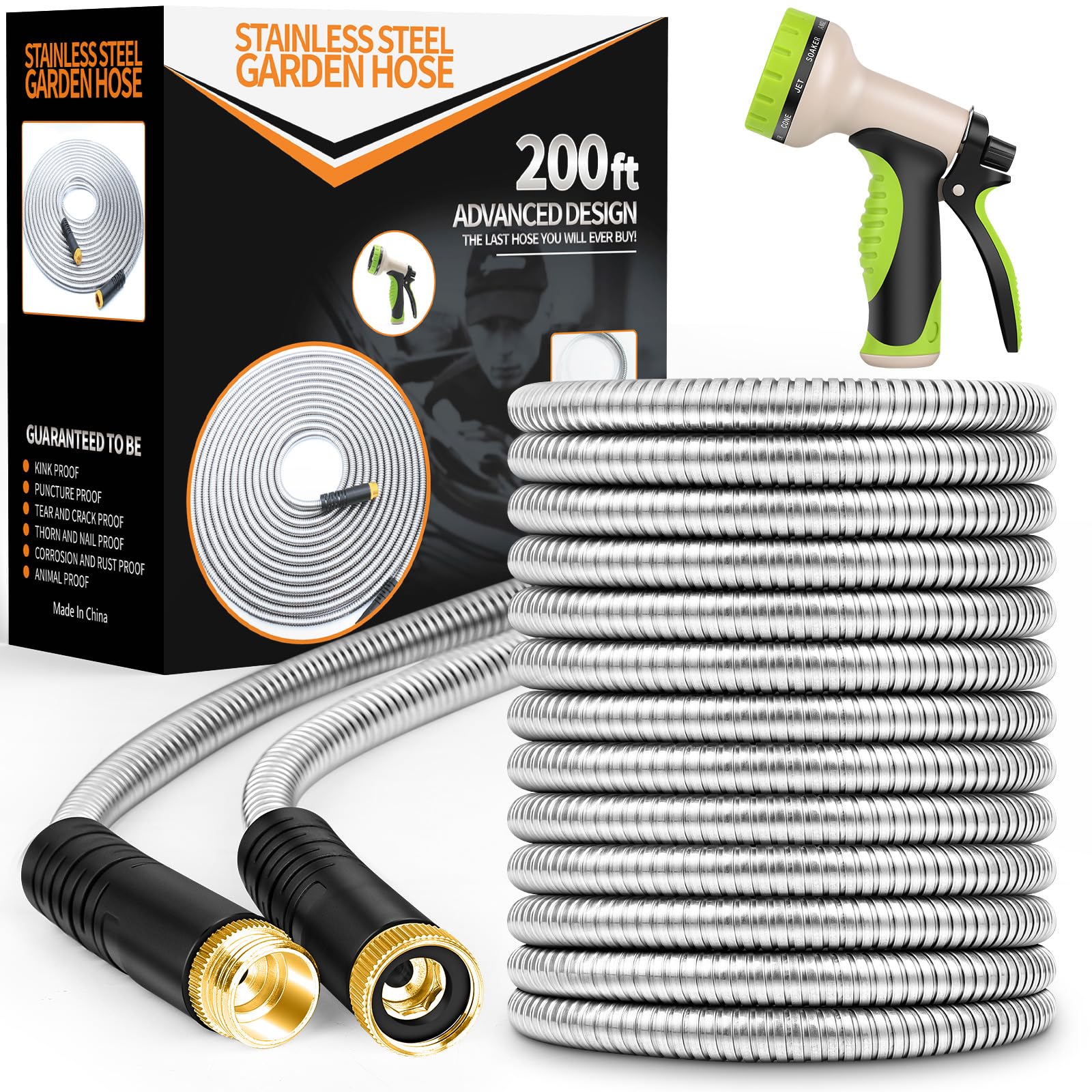 Garden Hose 200ft, Stainless Steel Heavy Duty Water Hose with 10 Function Nozzle Flexible, Lightweight, No-Kink, Pet Proof, Puncture Proof Metal Hose for Yard, Outdoor