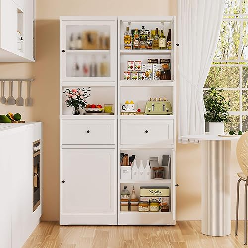 67" Tall Metal Storage Cabinet with Drawer and Adjustable Shelves, Multifunctional Kitchen Pantry Cabinet with Doors, Narrow Bathroom Storage Cabinets for Kitchen, Living Room, White