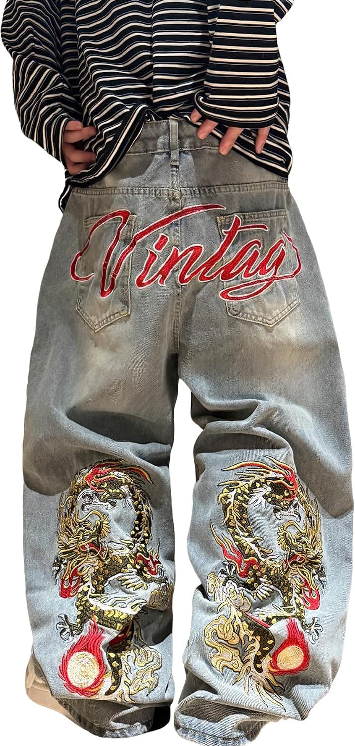Men's Baggy Jeans Denim Wide Leg Pants with Embroidery Y2K Streetwear Skateboard Jeans for Men