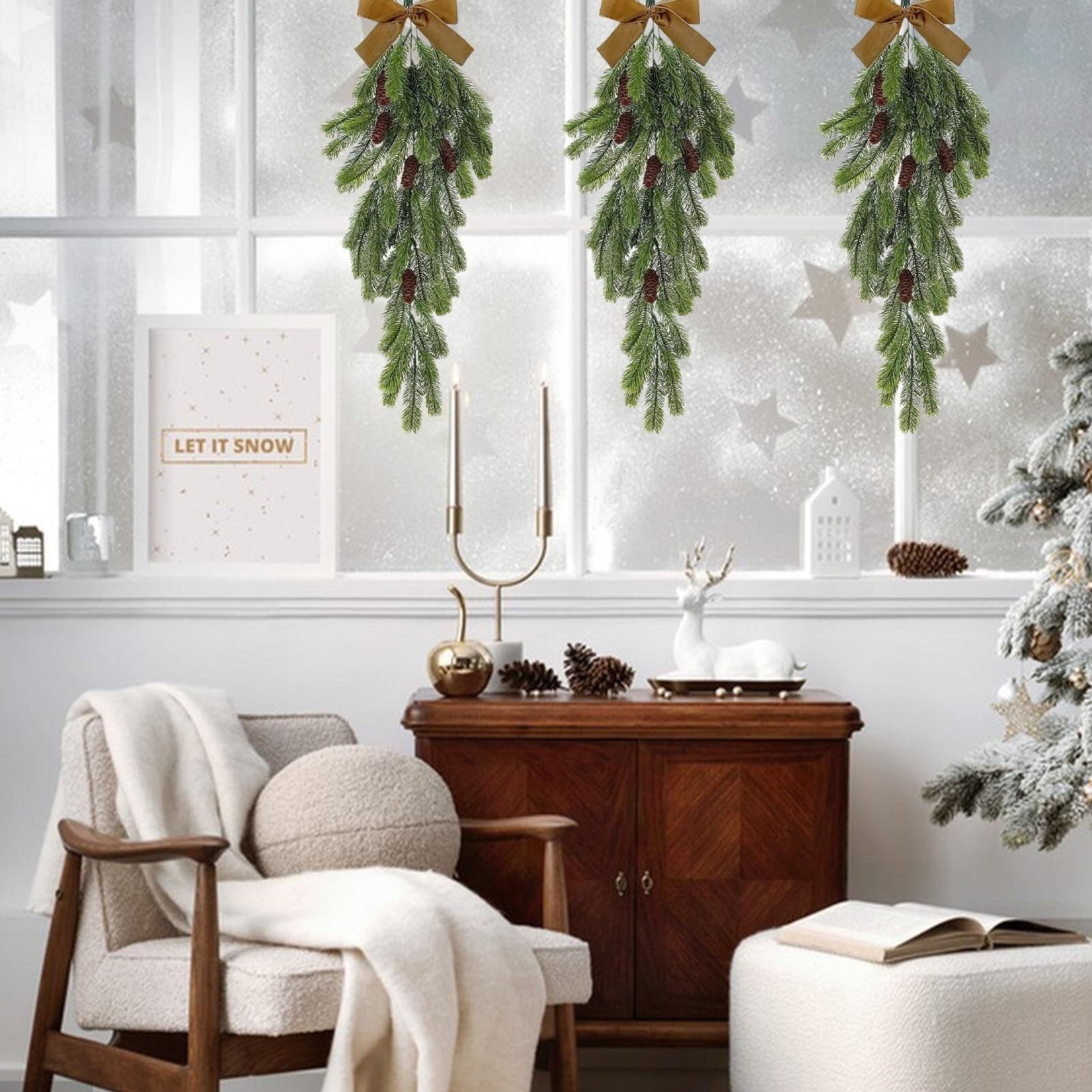 Ghirlanda Artificiale Di Natale Con 4 Fiocchi Di Neve A Forma Di Goccia, Verde, Con Fiocco, For Decorare Il Camino Della Porta Di Natale ghirlanda