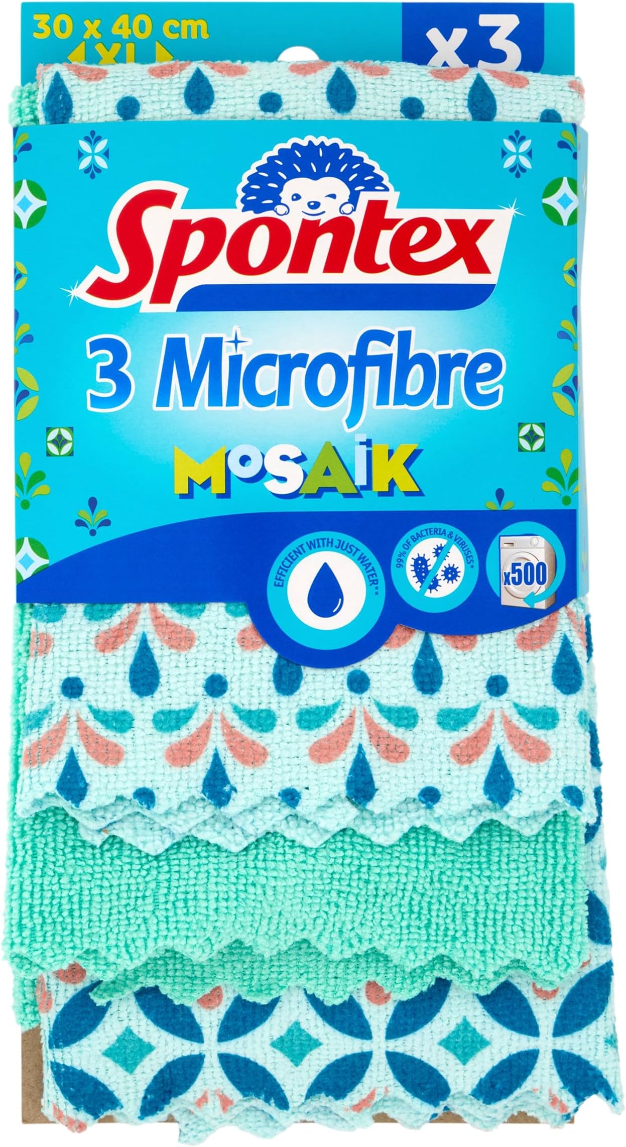 Spontex 3 Mosaik Microfibre Cloths, 40 x 30 cm Cleaning Cloths