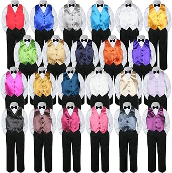 4pc Baby Toddler Boy Teen Formal Suit BLACK Pants Shirt Vest Bow tie Set 8-20 Size 12, Black