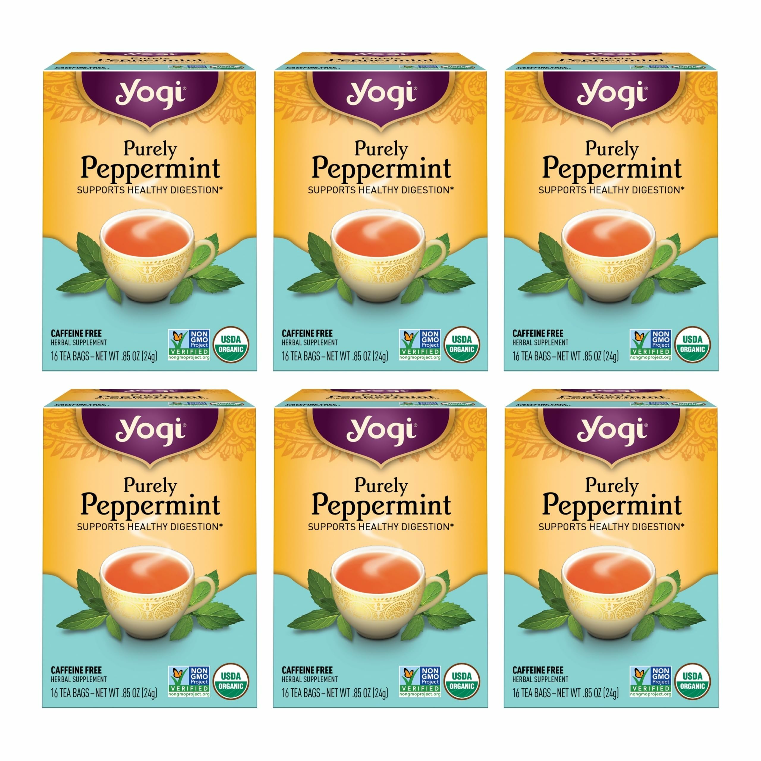 Yogi Tea - Purely Peppermint Tea (6 Pack) - Supports Healthy Digestion - Caffeine Free - 96 Organic Herbal Tea Bags