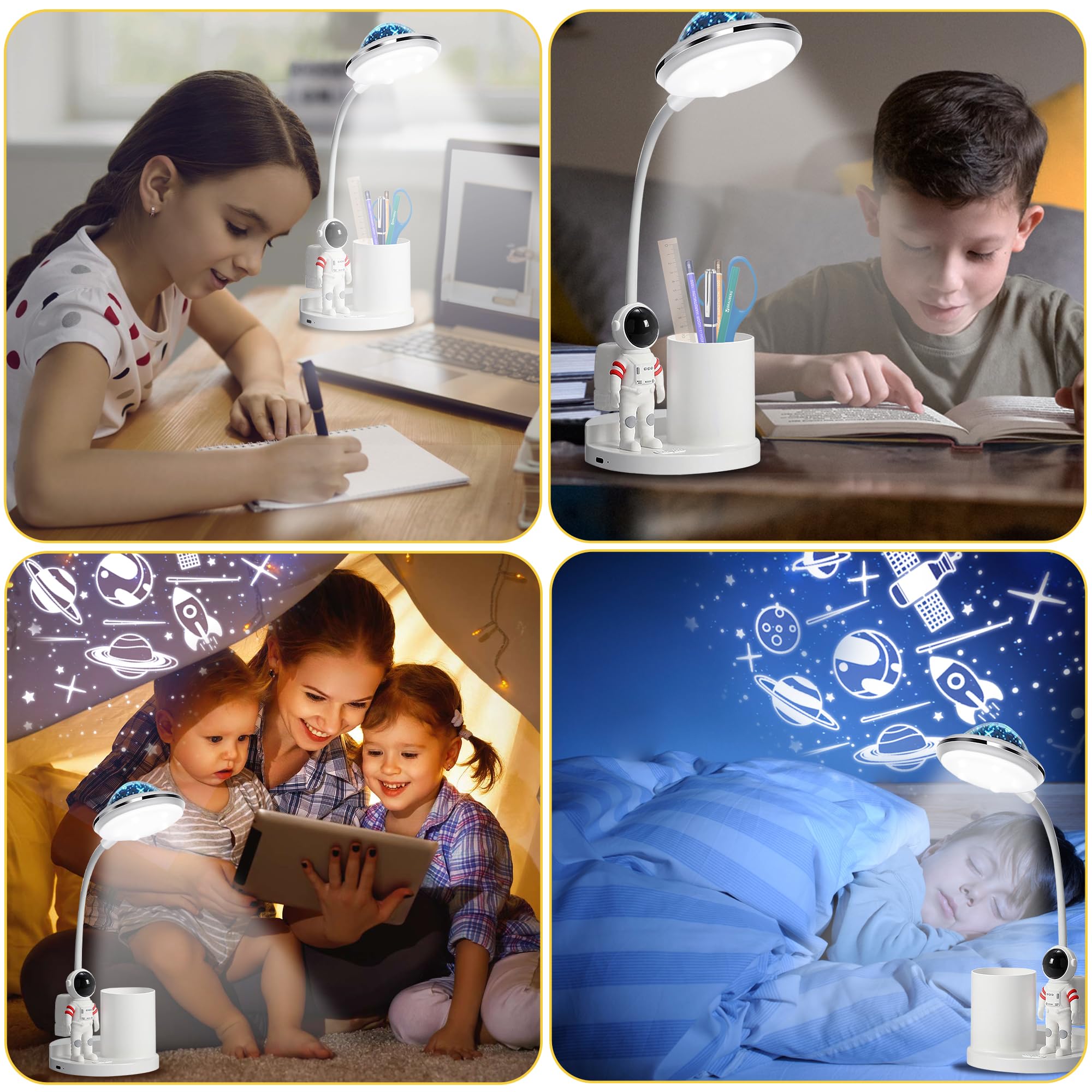 Lámpara de escritorio de astronauta para niños, proyector espacial de estrellas, luz nocturna, luces de astronauta con soporte para bolígrafos, iluminación de atenuación sin pasos, lámparas de mesa