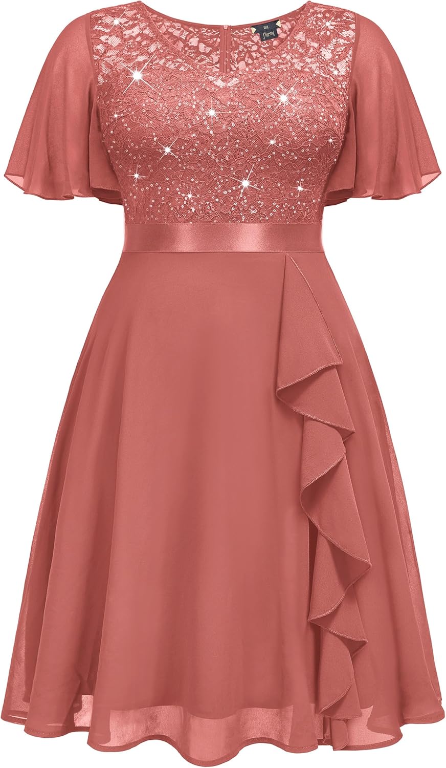 MISSMAY Women's Plus Size V-Neck Sequin Floral Lace Ruffle Style Cocktail Dress for Wedding Guest - Image 5