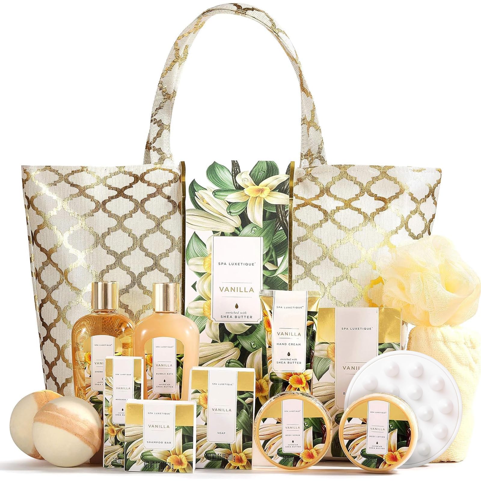 Spa Gifts Set for Women, Gift Baskets for Women, Spa Luxetique 15pc Vanilla Bath Gift Set, Home Spa Tote Bag with Bath Bombs, Body Scrub, Vanilla Massage Oil & More, Spa Gift Baskets for Mothers Day, Anniversaries