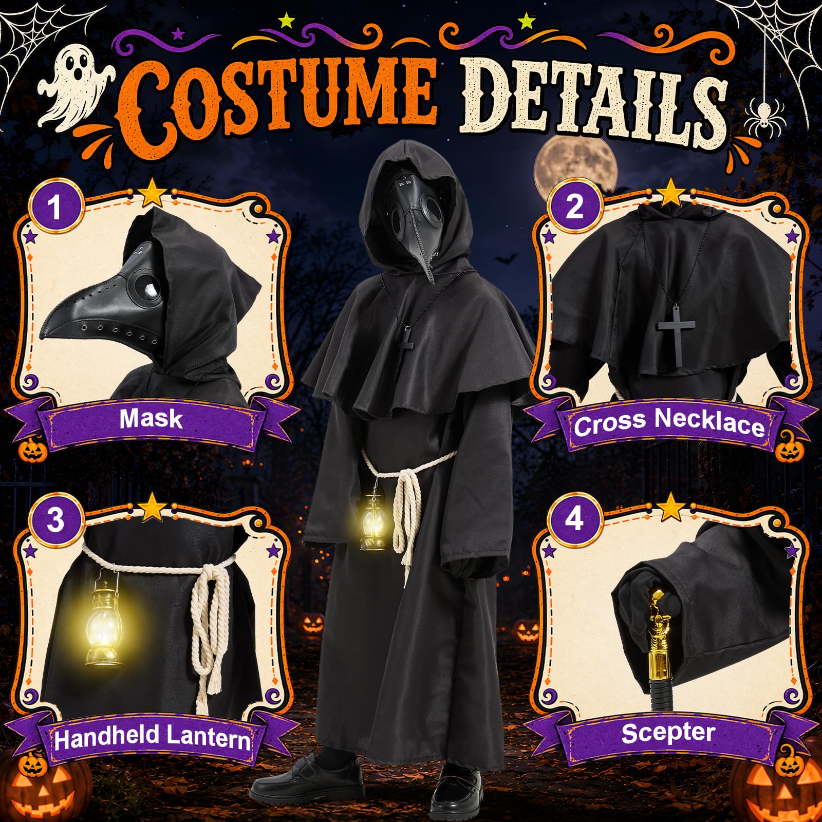 Costume di Halloween per bambini e ragazzi, costume medievale da medico della peste, con maschera in pelle, cappello, paio di guanti, collana in legno, bastone da passeggio