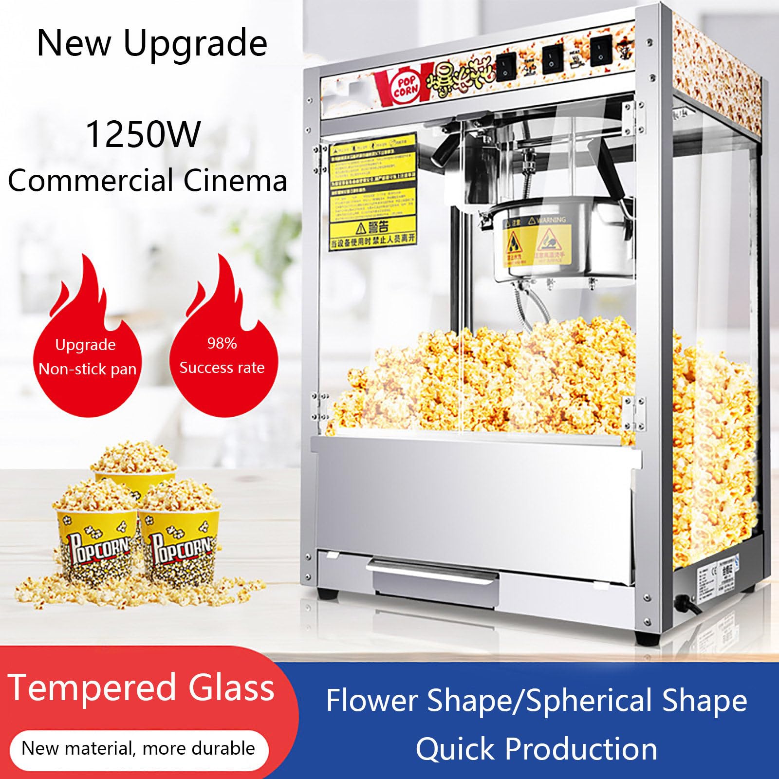 Máquina Comercial para Hacer Palomitas de Maíz, 1250 W, para Encimera, con Control de 3 interruptores y Marco de Acero, Puertas de Vidrio Templado