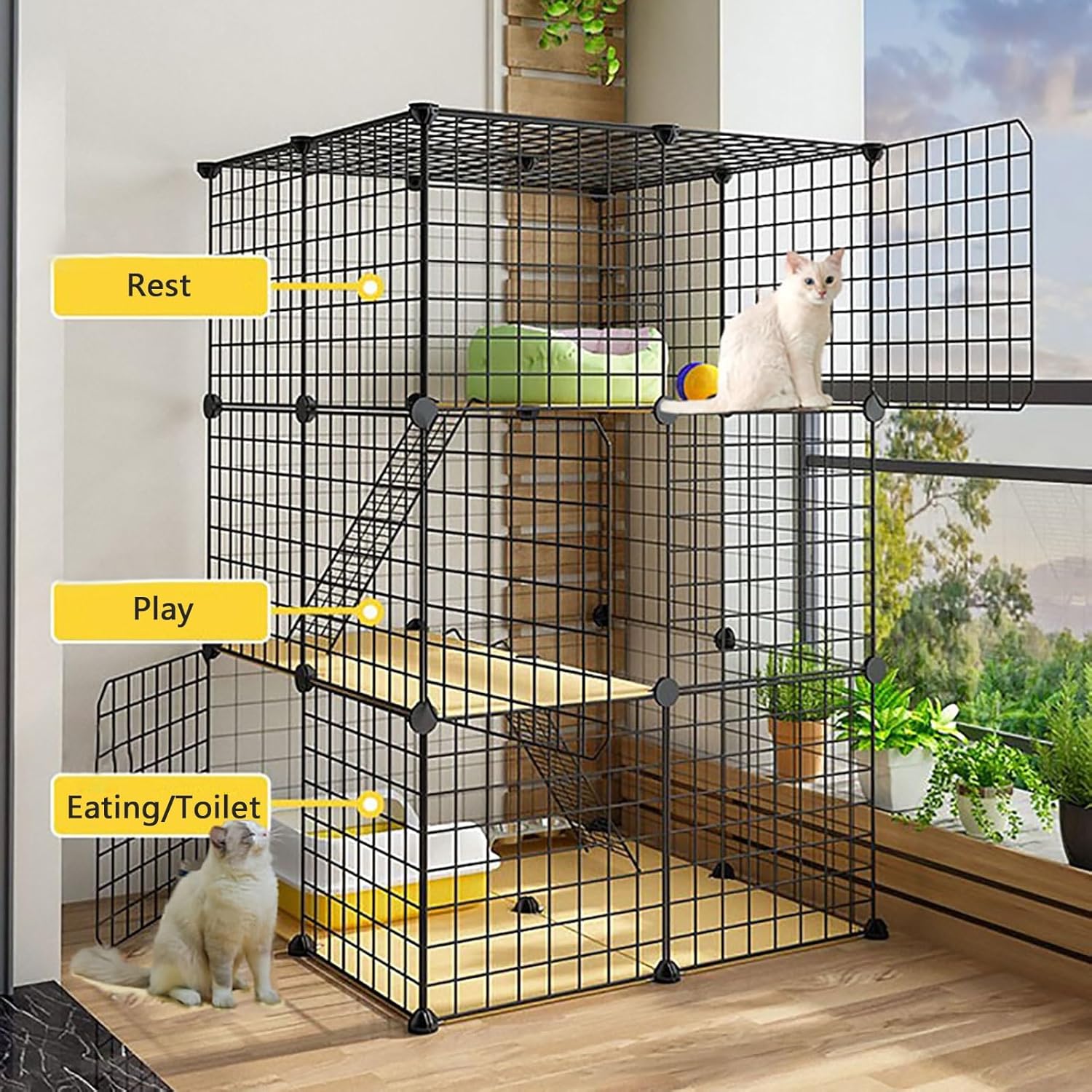 Cat Cages Indoor - Outdoor Cat Enclosures Detachable Small Animal Cage Cat Playpen Puppy Crate Semi-Enclosed Cat Cabinet - for Small Pet Cat Puppy,Black,75x49x73cm