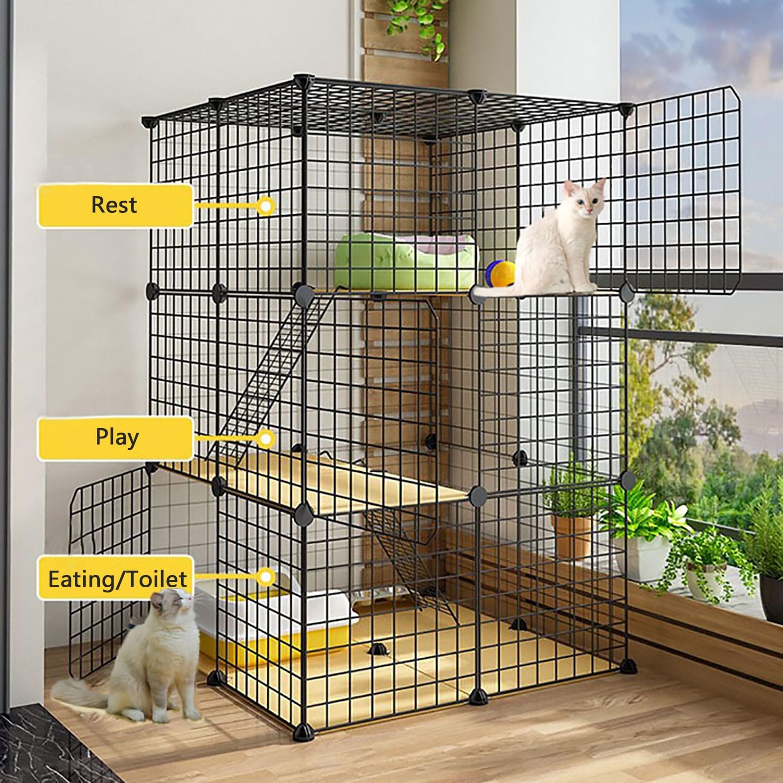 Gabbie per gatti da interni ed esterni, staccabile, per piccoli animali, per gatti, cuccioli, gabbia semi-chiusa, per piccoli animali domestici, gatti, cuccioli, nero, 75 x 49 x 73 cm