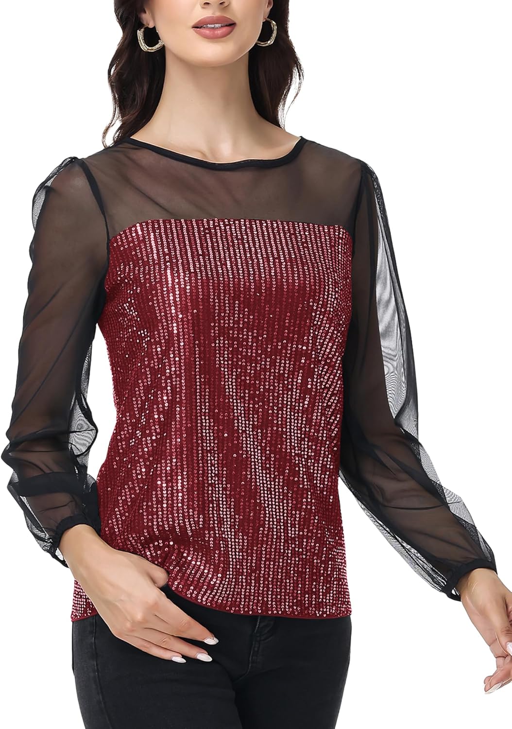 Anna-Kaci Women's Long Sleeve Sequin Blouse Sheer Mesh Top Sparkly Shirt for Holiday Party