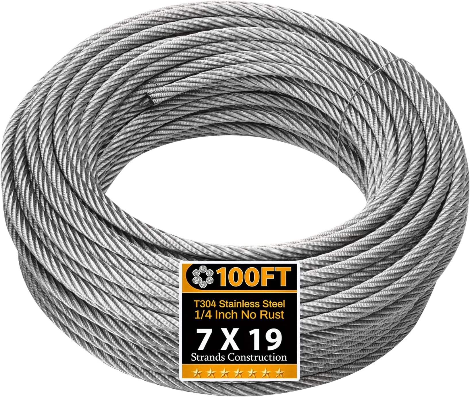 - 1/4IN 100FT Stainless Steel Cable (7x19 Strands), 6400 lbs Breaking Strength, Aircraft Wire Rope for Deck Railing, Zip Line, String Lights, and Heavy Duty Outdoor Applications