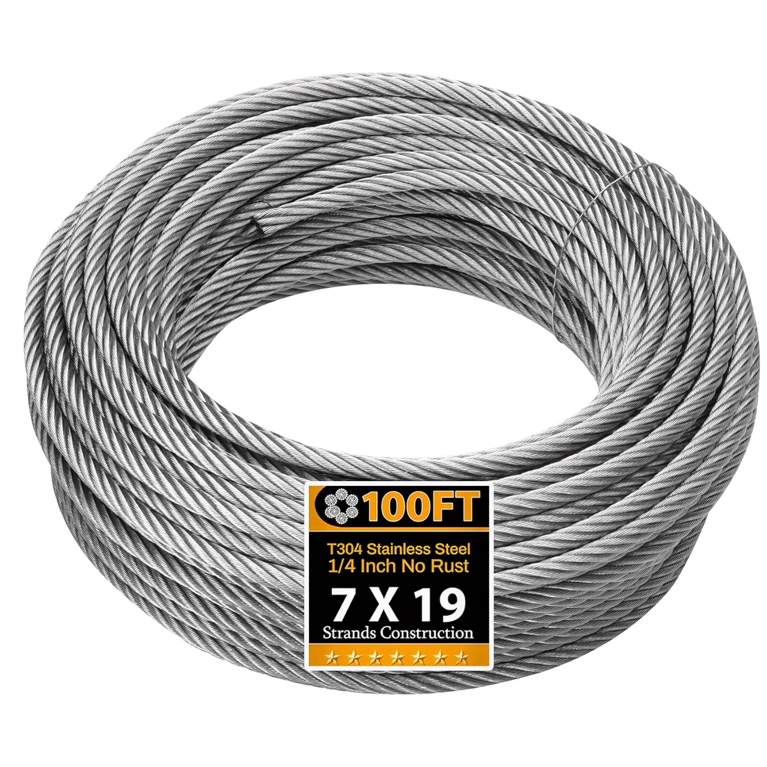 1/4IN 100FT Stainless Steel Cable (7x19 Strands), 6400 lbs Breaking Strength, Aircraft Wire Rope for Deck Railing, Zip Line, String Lights, and Heavy Duty Outdoor Applications