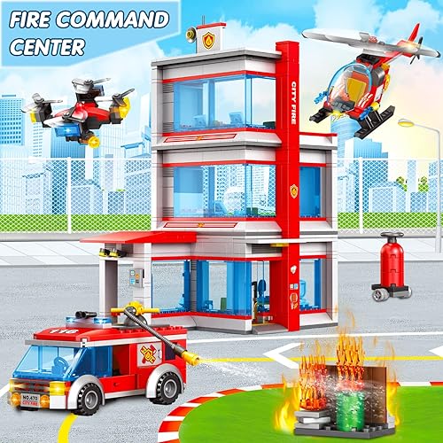 Miniatura 5 de Juego de bloques de construcción de estación de bomberos de ciudad, con vehículo de emergencia, helicóptero de rescate, dron explorador, extintor,