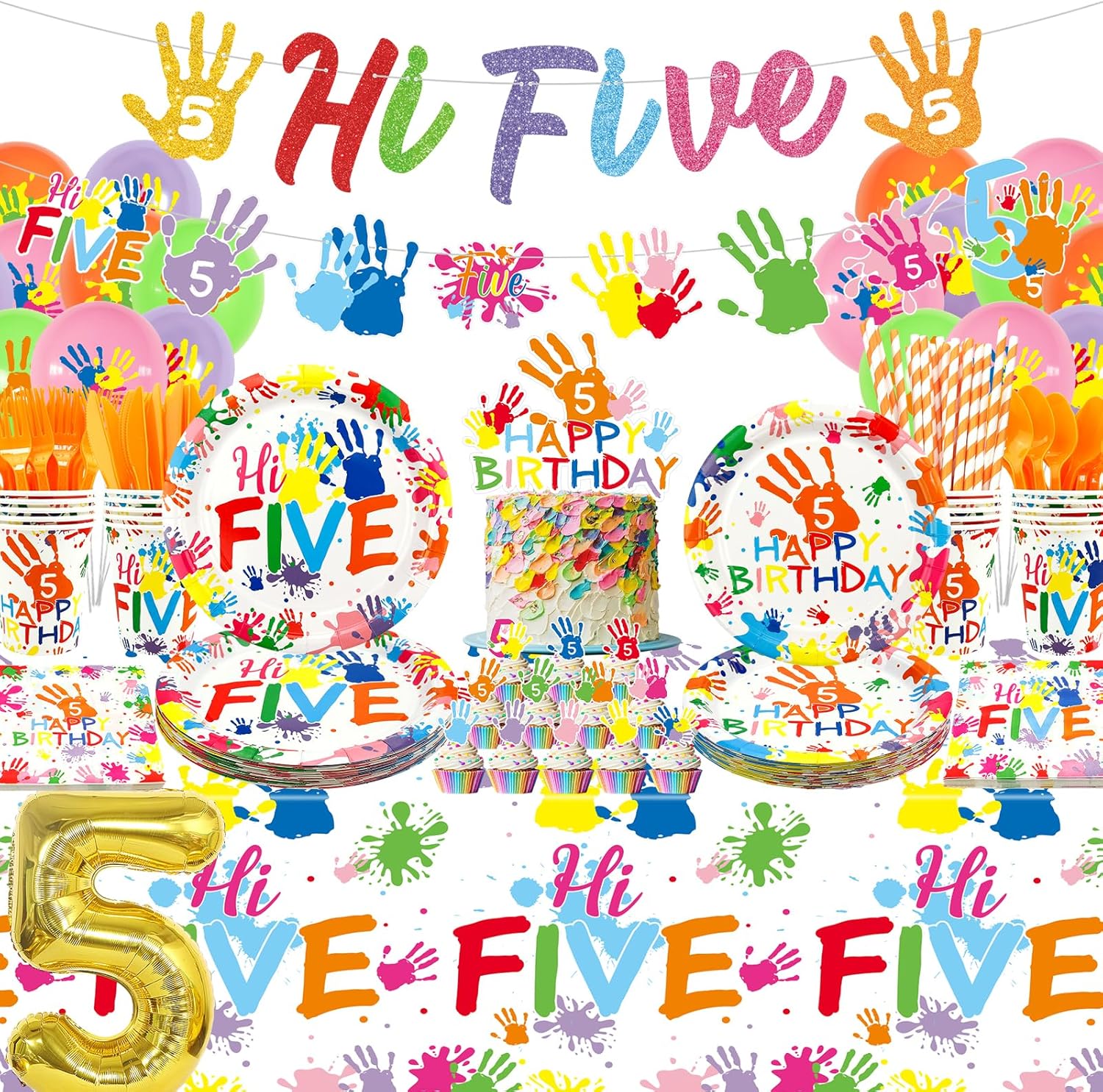 Hi Five Party Decoration ,Including Hi Five Party Banner, Dinner Plates, Dessert Plates, Cups, Napkins, Tablecloth, Straws, for Kids Boys Girls 5th Birthday Supplies Serves 20