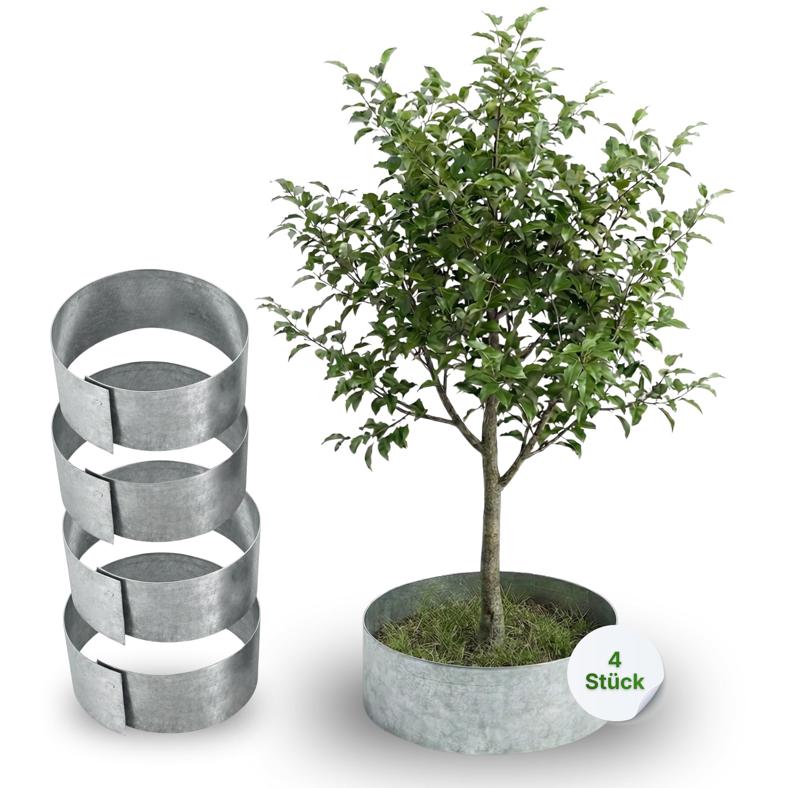 Gartenwelt Riegelsberger Rasenkante Kreis Metall Ø 30 cm – 4 Stück Baumeinfassung aus feuerverzinktem Stahl, Höhe 13 cm, robuste Beetumrandung & Mähkante, silberfarben