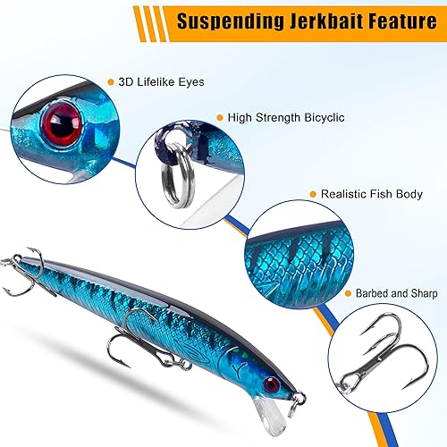 Miniatura 3 de Kit de señuelos de pesca de Jerkbait de suspensión, 8 señuelos de minnow cebo de jerk bait de pesca con gancho agudo, Jerkbait flotante artificial