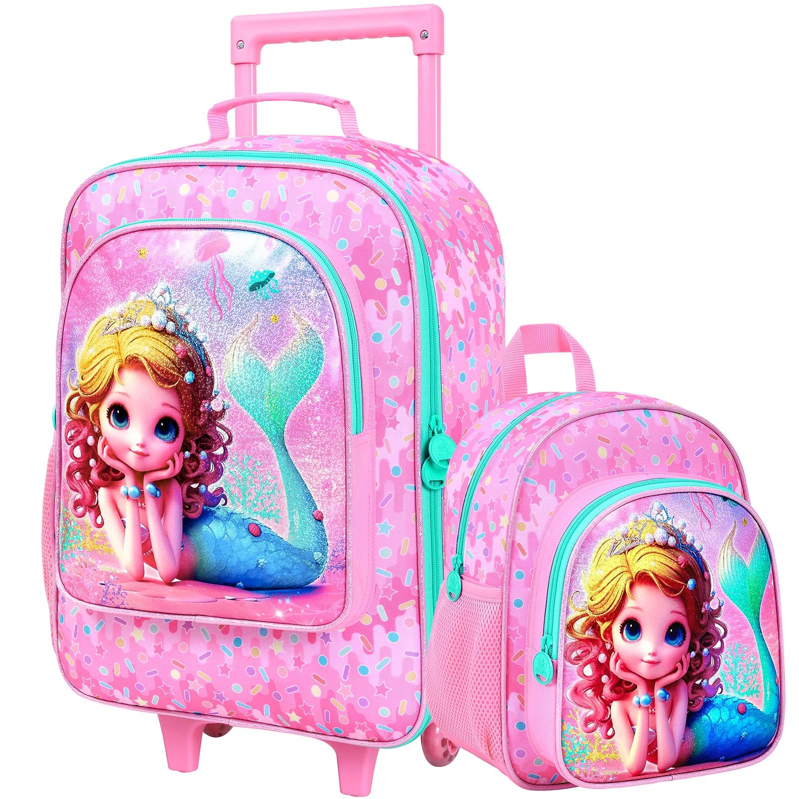 18" Kids Suitcase for Girls, 2Pcs Mermaid Carry on Luggage Set with Wheels, Cute Travel Rolling with 12" Toddler Backpack(Pink)