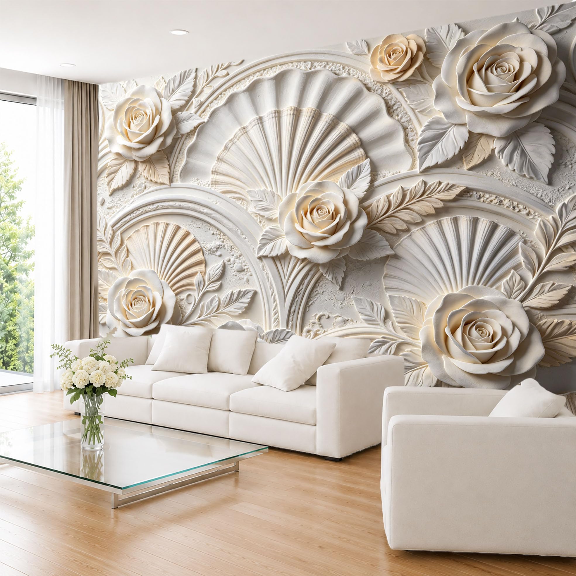 Carta Da Parati Fotografica con Rosa Gigante E Ornamento A Ventaglio Vintage Murale Da Parete 210×150 cm (Lxa) Carta Da Parati Panoramica In Tessuto Non Tessuto Color Crema Lussuosa Decorazione Flo