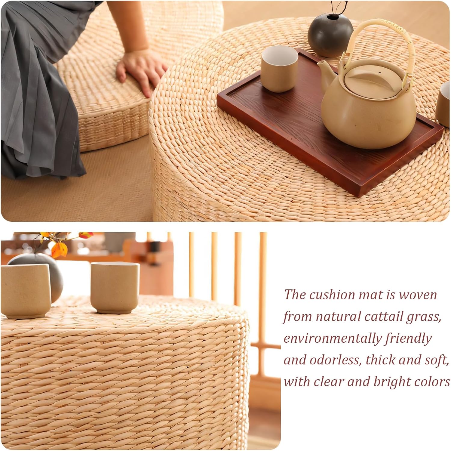 Round Woven Floor Pillow Natural Seat Cushion, Straw Flat Seat Cushion, Handmade Floor Pouf Mat, Ottoman Footstool for Meditation, Zen, Yoga Practice or Buddham (15.74" Dia. x 3.94" H)