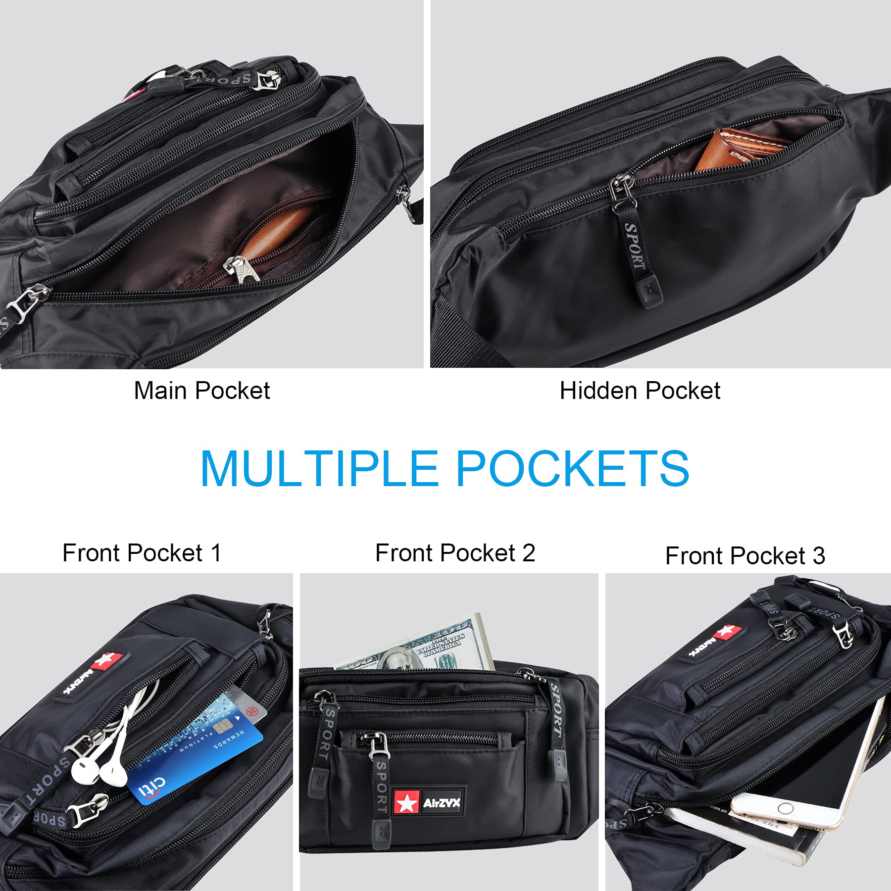 Marsupio Uomo Donna Impermeabile Sportivo con 6 Tasche per Corsa Campeggio Viaggio (Nero)