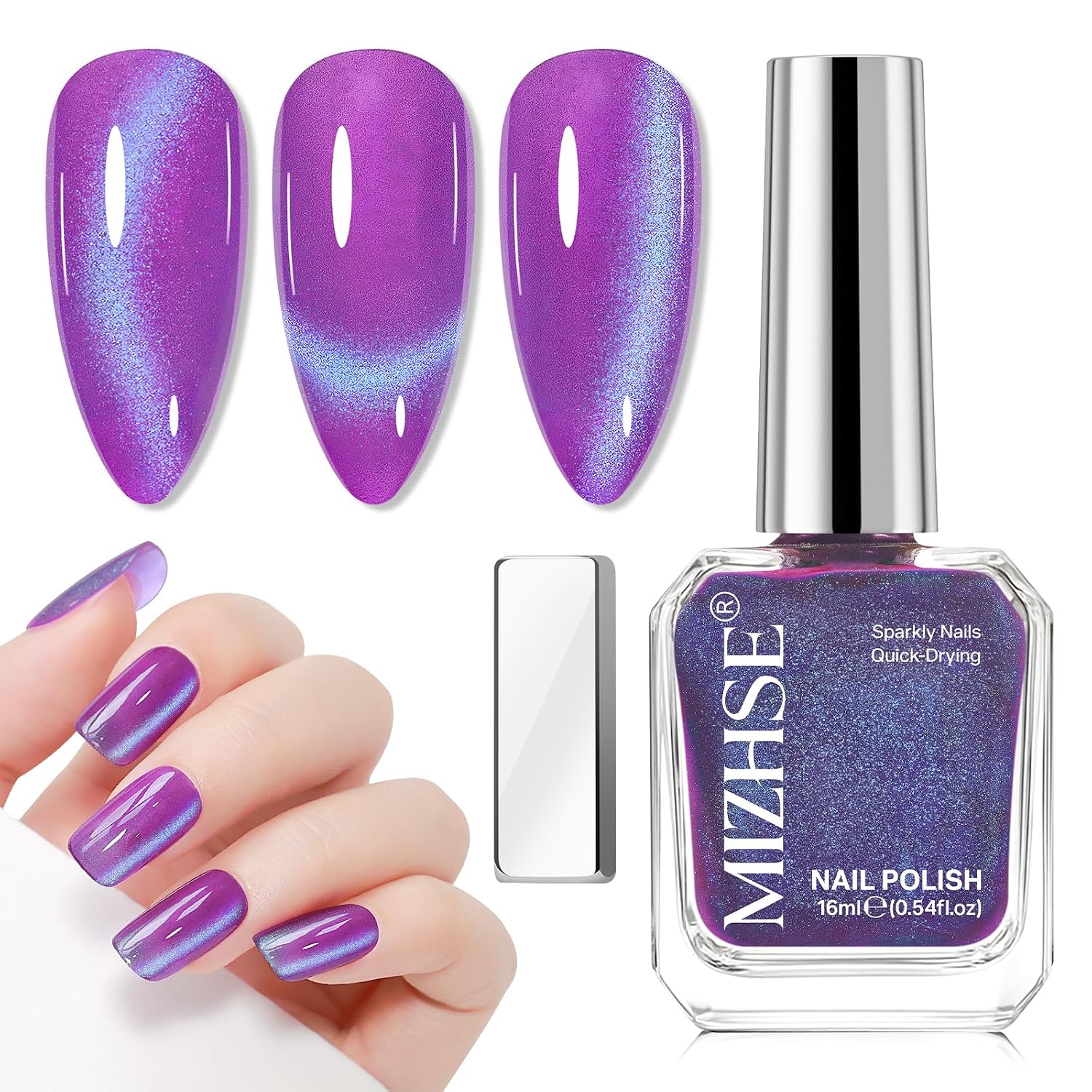 MIZHSE Quick Dry Cat Eye Nail Polish, Purple Magnetic Nail Polish with Magnet, 16ml Air Drying Fast Cateye Nails Non Gel Glossy Shine Manicure Home DIY Nail Art Design Gift for Women