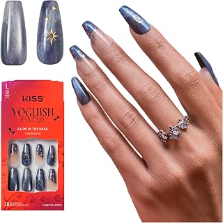 Voguish Fantasy Halloween Press On Nails, ‘Evil Ways’, Dark Blue, Long Coffin, Glow In The Dark, Magnetic Powder Effect, Pink Gel Nail Glue (2g), 28 Fake Nails