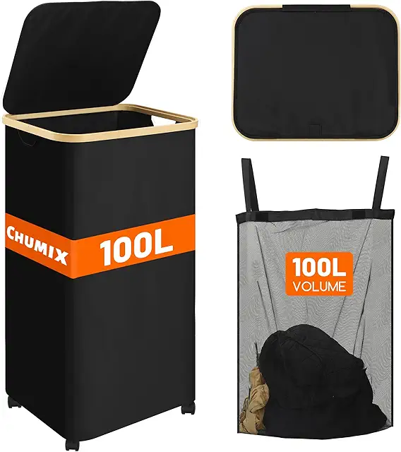 Cesto Ropa Sucia 100L con Ruedas y Tapa Antipolvo - Plegable y Lavable