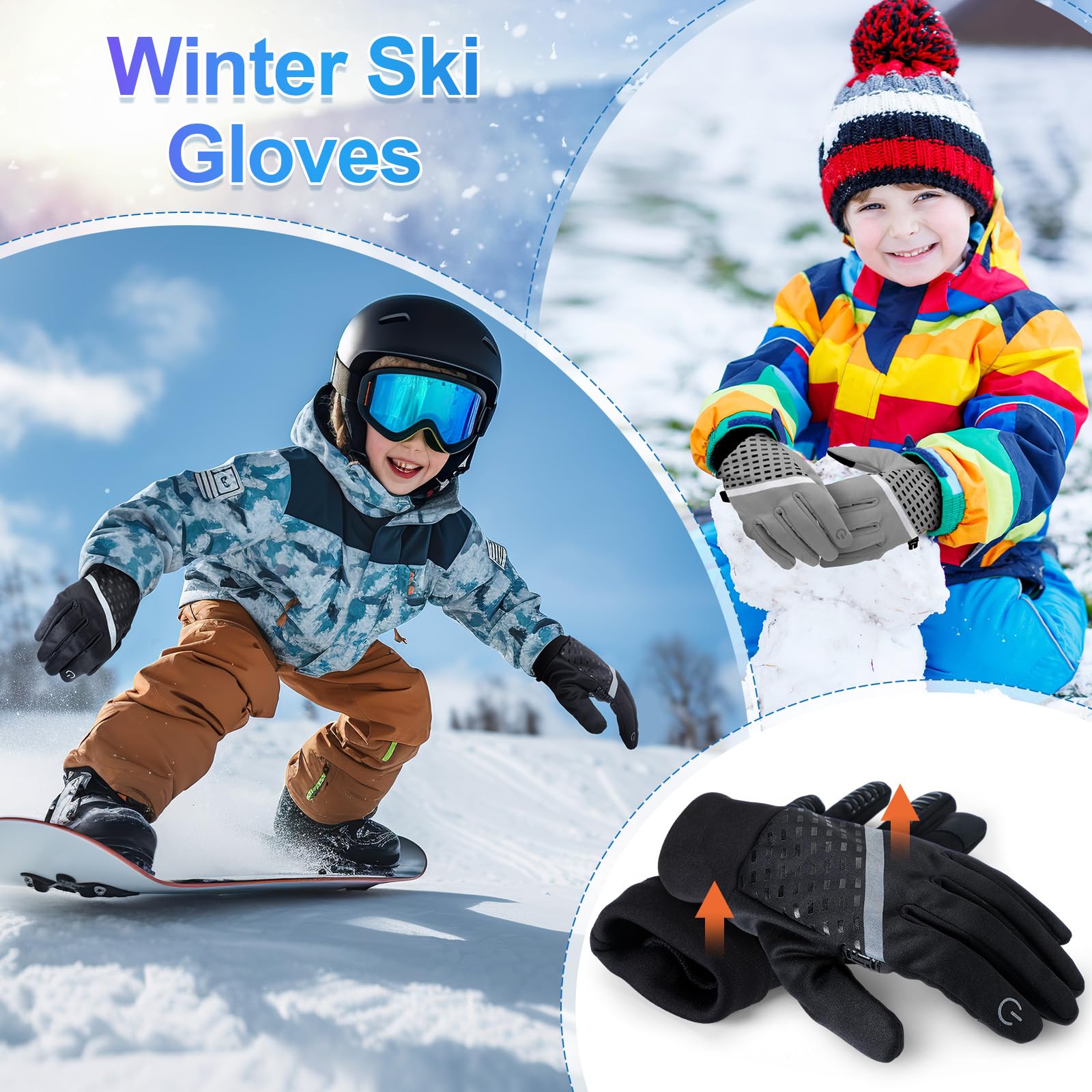 Suhine 2 pares de guantes impermeables para pantalla táctil, guantes de esquí de invierno para pantalla táctil, guantes cálidos reflectantes para niños y niñas