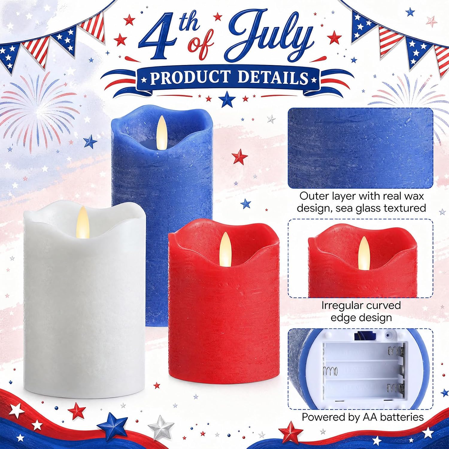 Copkim 3 Pcs Red White and Blue 4th of July Flameless Candles, Patriotic Red White Blue LED Pillar Candles with Real Wax Exterior, Battery Operated Candle for Independence Day Gift Indoor Decoration