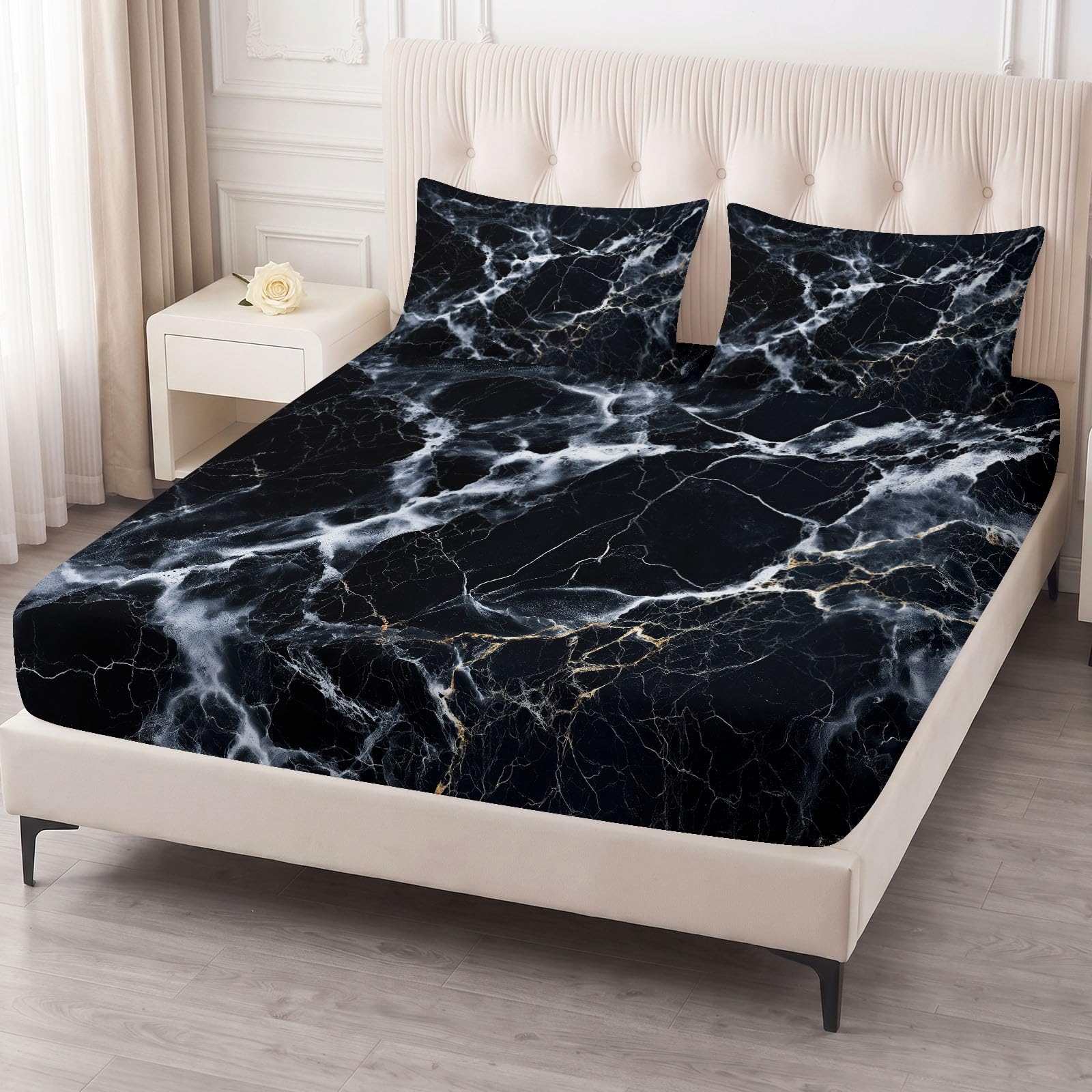 Spannbetttuch für Jugendliche, 160 x 200 cm Moderner Marmor Spannbetttuch Boxspringbett, Pflegeleicht Weiche Mikrofaser Strapazierfähig Spannbettlaken für Steghöhe bis 30cm (Schwarz Weiß Marmor)