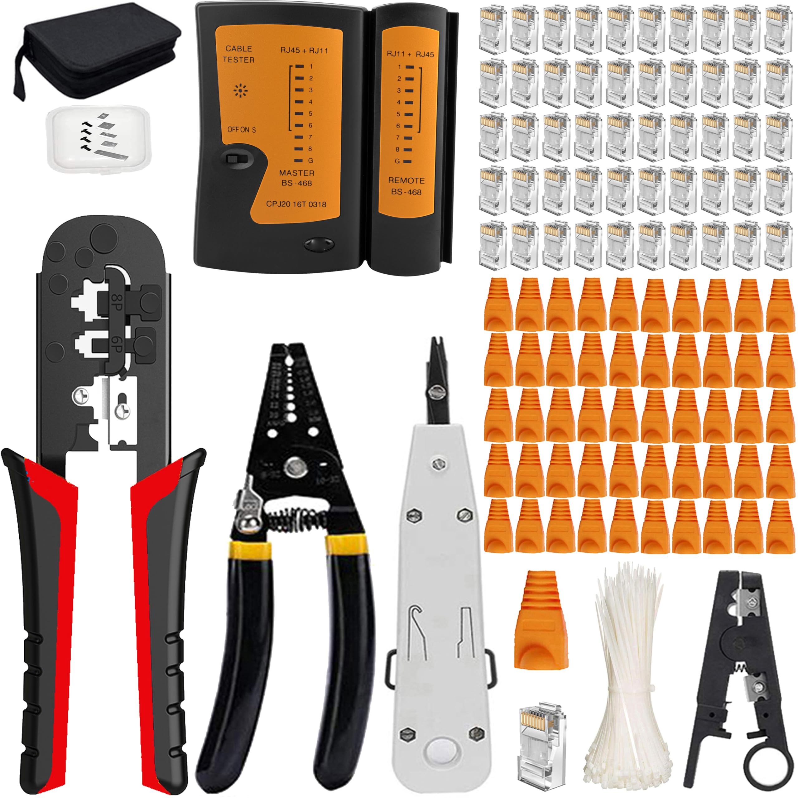 MAYLINEE RJ45 Cat5e Cat6 herramientas Kit de Reparación de Cables de red para pelacables alicates de, Cortador de Pelado de Ethernet, Crimpado de Profesional y Probador de LAN 50 Conectores (Negro)
