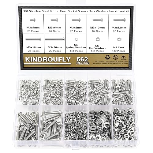 Kindroufly 562 piezas M3 x 46 810 1216 0.787in, tornillos de cabeza de botón, tuercas arandelas, kit surtido, acero inoxidable 304, rosca totalmente
