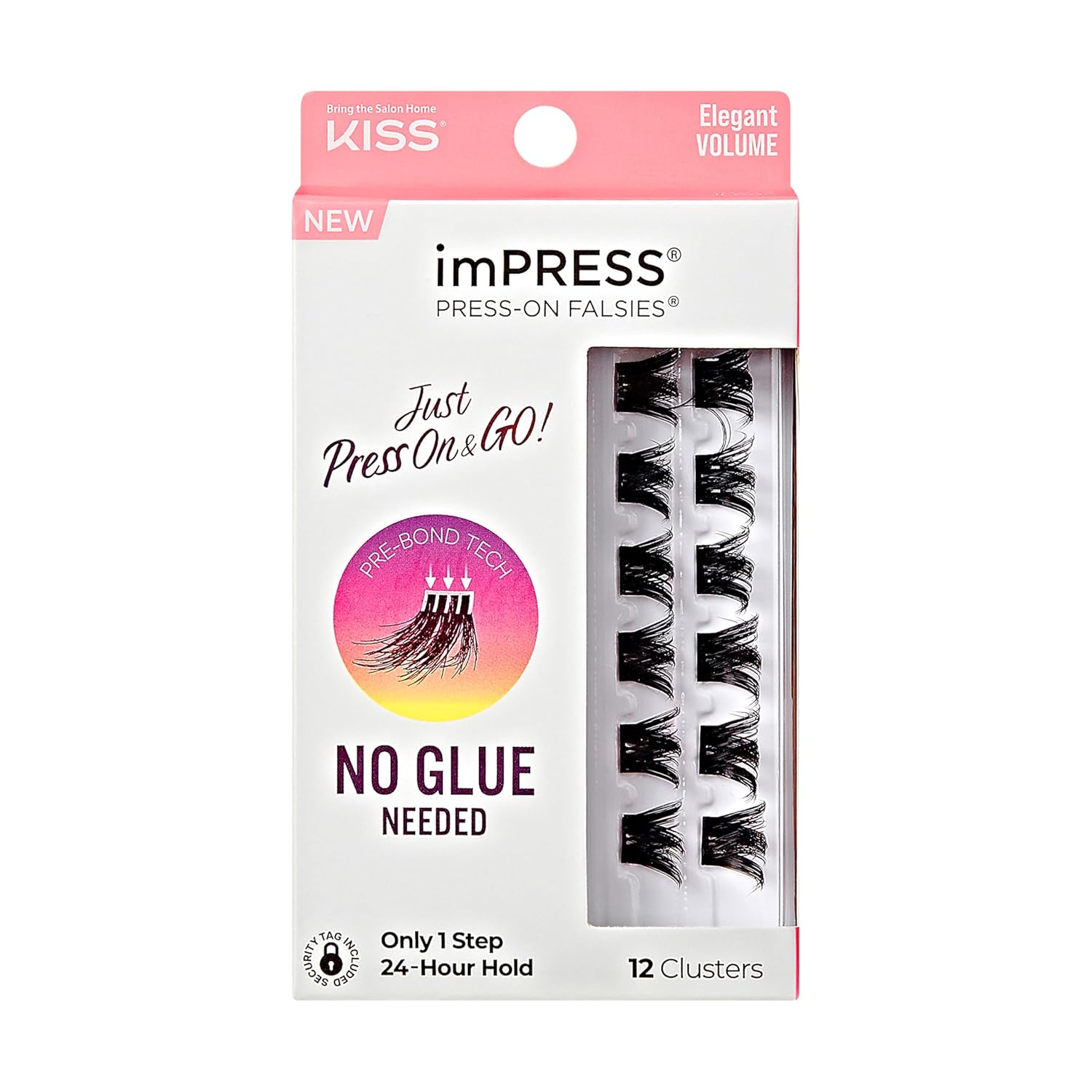 KISS imPRESS False Eyelashes, Lash Clusters, Falsies, Elegant Volume, 12mm-14mm, Includes 12 pieces of pre-bonded lashes, Contact Lens Friendly, Easy to Apply, Reusable Strip Lashes