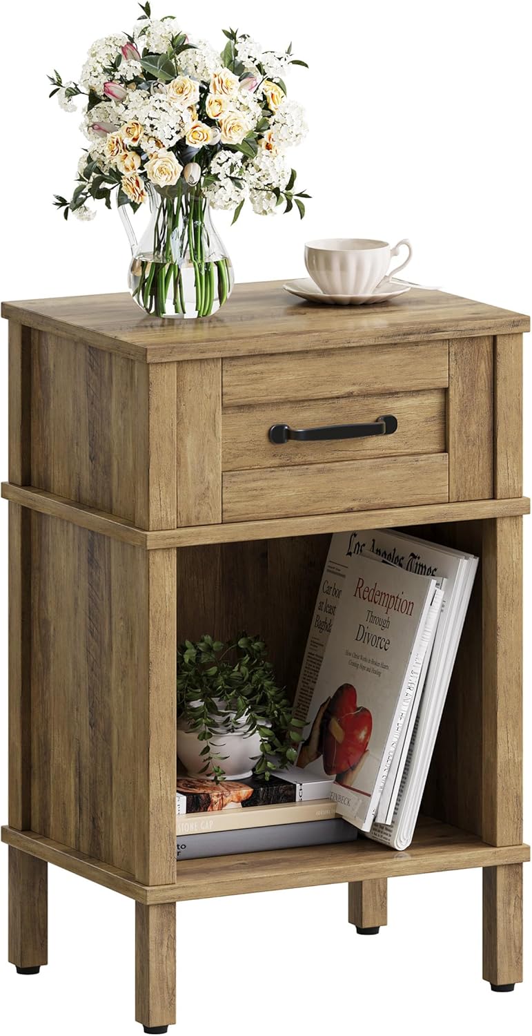 Farmhouse Nightstand with Drawer, Small Wood Bedside Table, Small Rustic Side Table, Modern End Table with Drawer, Wooden Walnut Brown Night Stand for Bedroom LET512DR