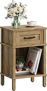 Farmhouse Nightstand with Drawer, Small Wood Bedside Table, Small Rustic Side Table, Modern End Table with Drawer, Wooden Walnut Brown Night Stand for Bedroom LET512DR
