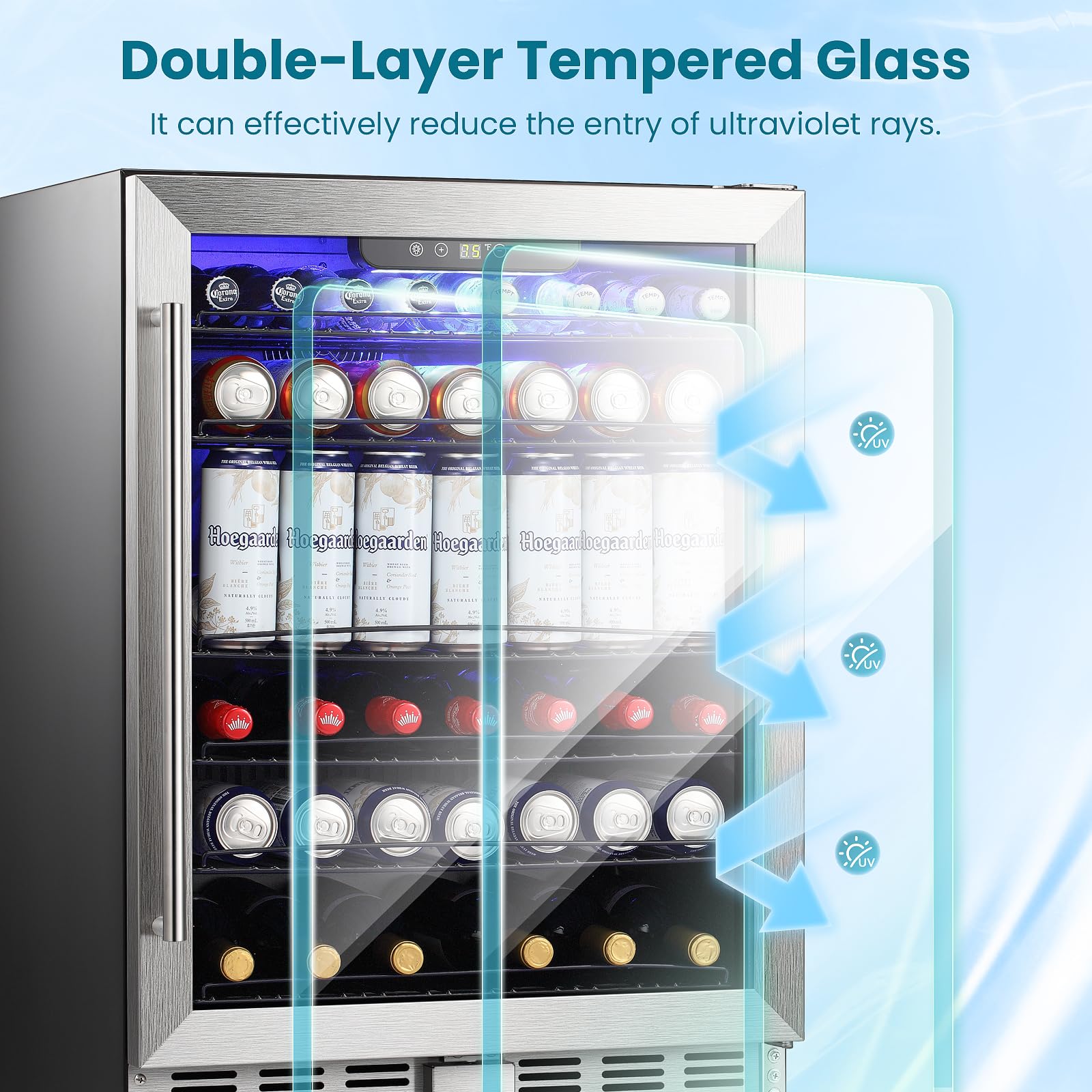 Antarctic Star 166 Can Beverage Refrigerator Cooler, 5.1 Cu.Ft Mini Fridge With Safety Lock, Beverage Cooler With Glass Door/LED Light/Adjustable Removable Shelves For Home/Office/Bar(Stainless Steel) on Fridge.com - View 2