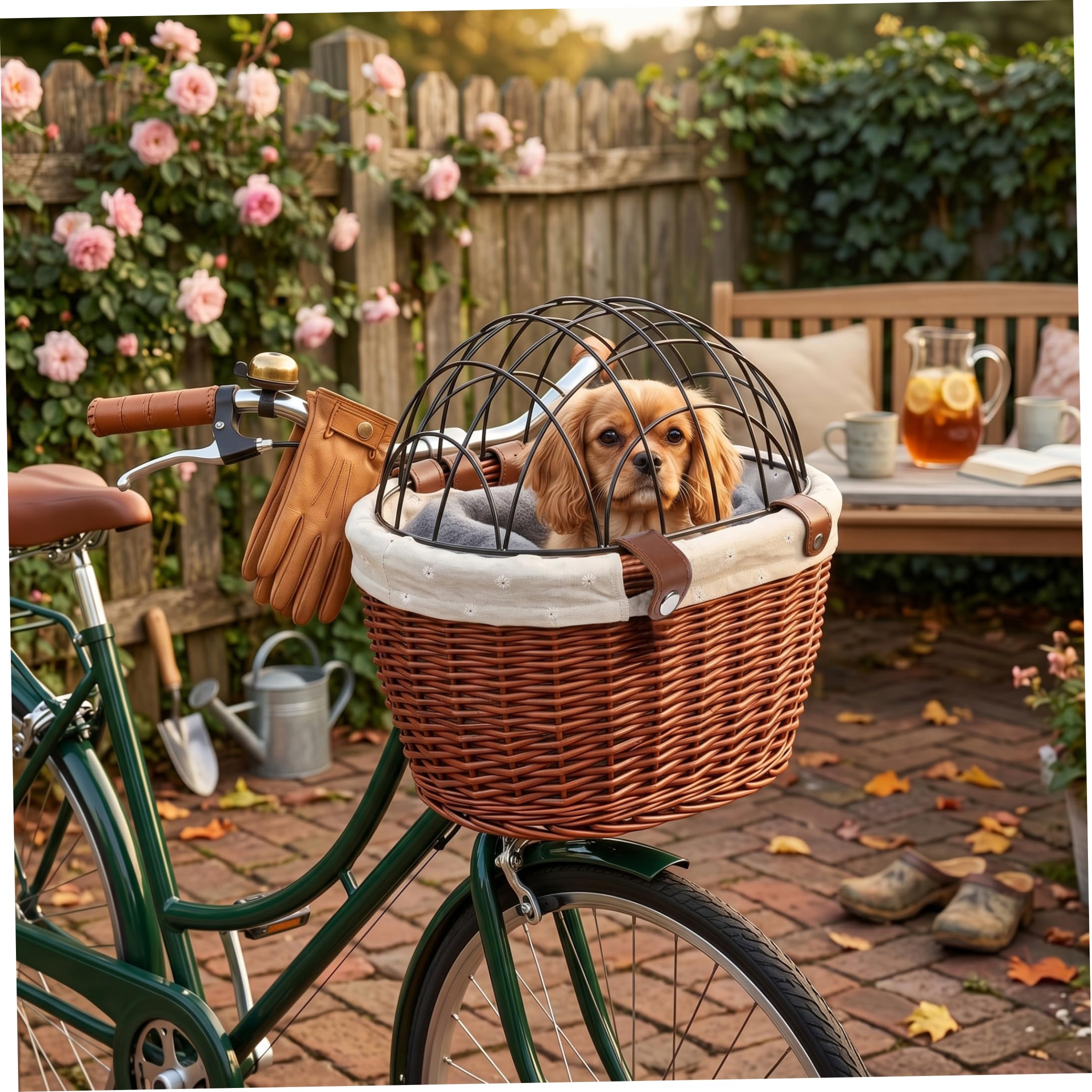 Cestino per cani da bicicletta vintage – Trasportino per animali in vimini intrecciato a mano con coperchio in ferro e cinghie di sicurezza pelle, marrone