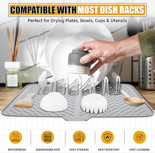 Vista 7 de Luxet Alfombrilla de silicona para secar platos con borde de drenaje integrado, almohadilla de secado higiénica, bandeja resistente compacta y fácil