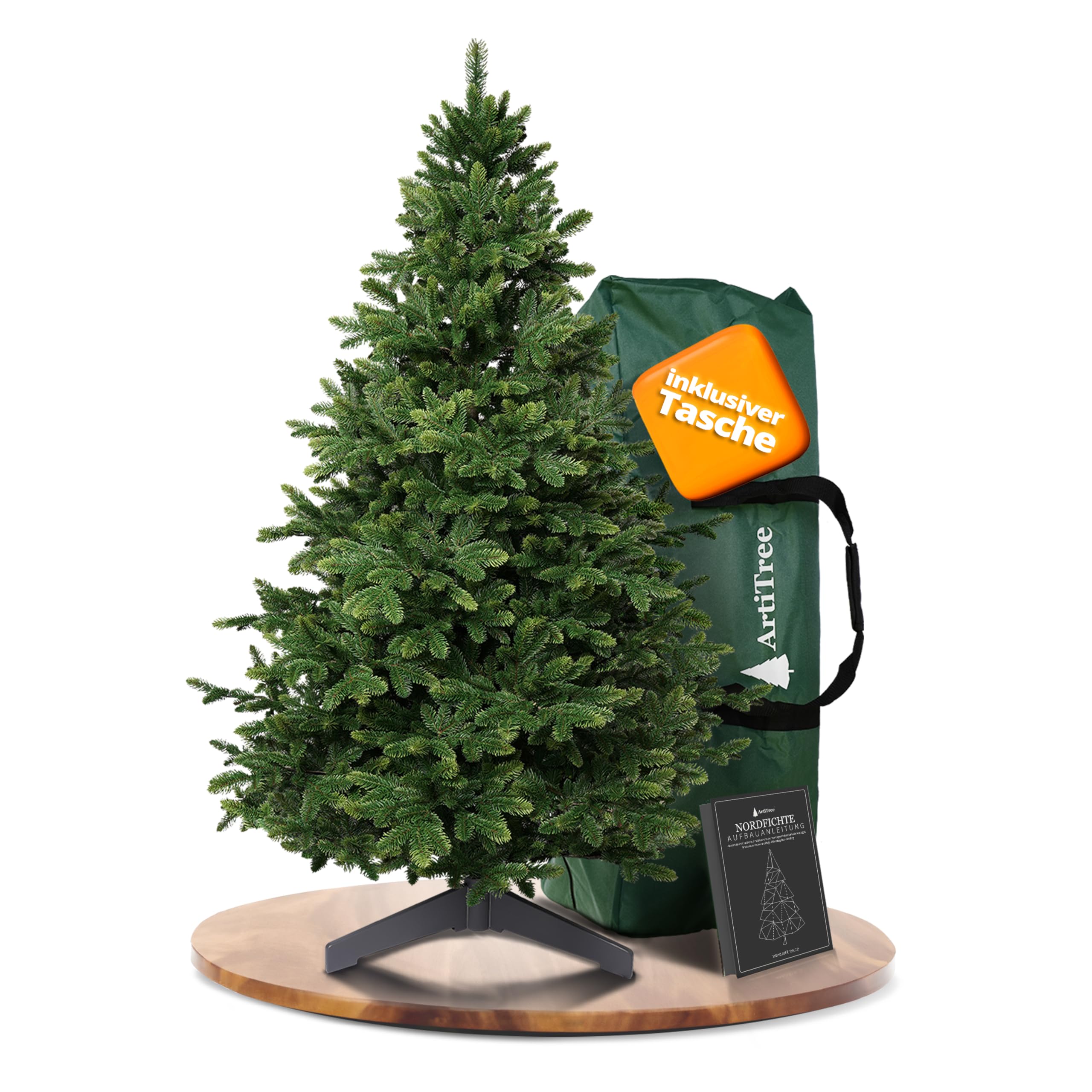 ArtiTree Künstlicher Weihnachtsbaum 210 cm – 100 % Spritzguss Nordmanntanne | Premium Tannenbaum naturgetreu inkl. FSC-Holzständer & Aufbewahrungstasche