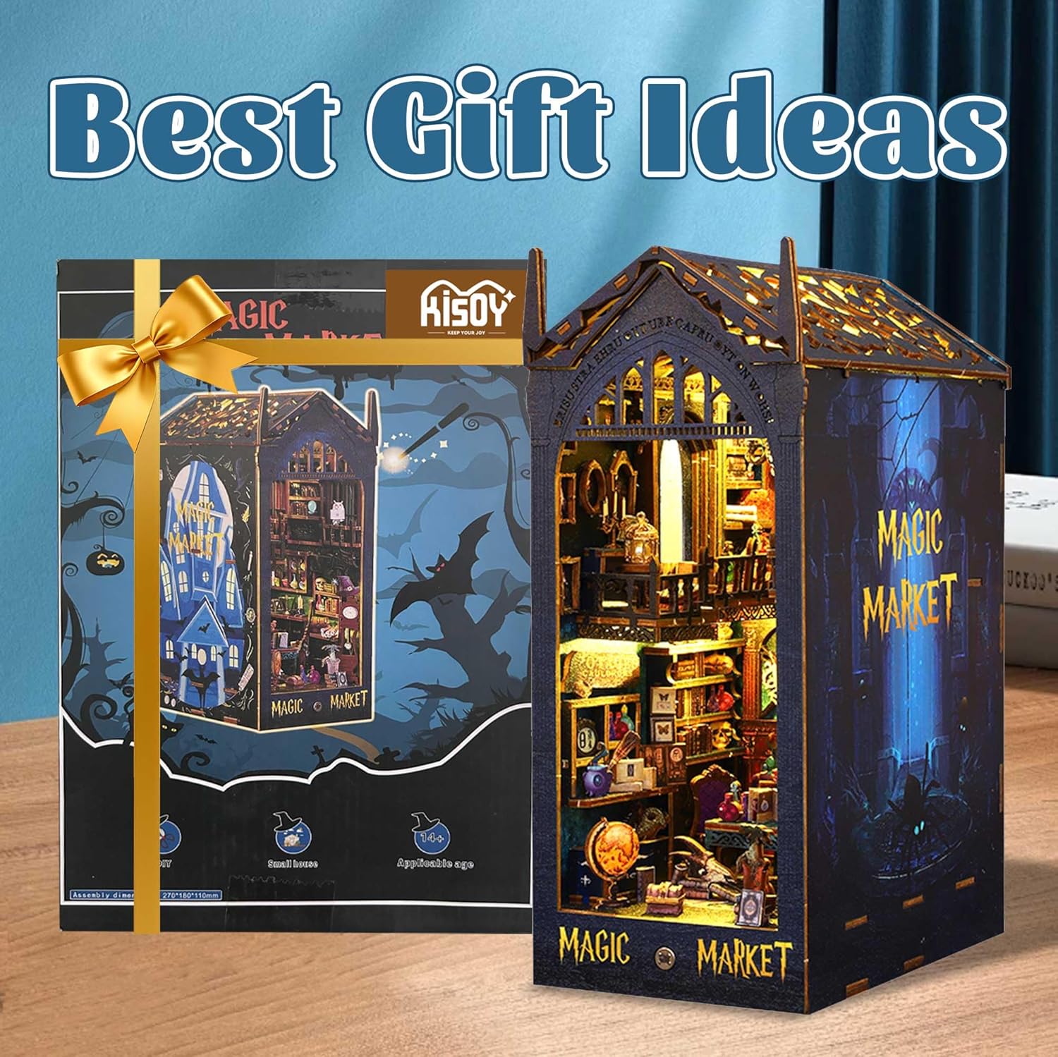 Kisoy Book Nook Kit, 3D Wooden Puzzle Booknook Build Bookshelf Decor, DIY Miniature House Kit for Adults and Teens, Mini House Arts & Craft Gifts for Family and Friends (Magic Market)