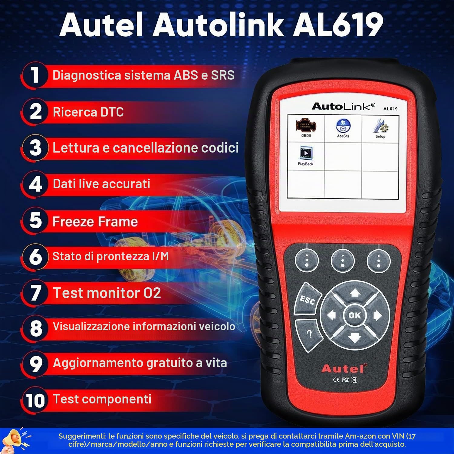 Autel AutoLink AL619 Strumento Diagnostico Auto con ABS SRS OBD2 CAN | diagnostica Lettore Codice Auto