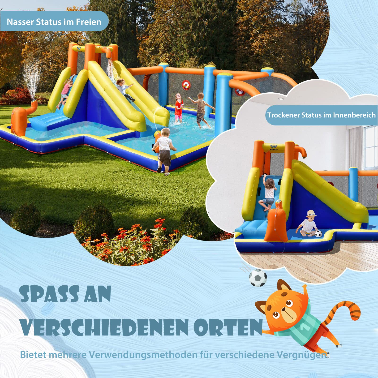 COSTWAY Aufblasbare Hüpfburg mit Gebläse, Wasserrutsche, Planschbecken, Fußballzone, Kletterwand, Zwei Wasserkanonen, und Zielspiel, Spielpool 500 x 465 x 200 cm