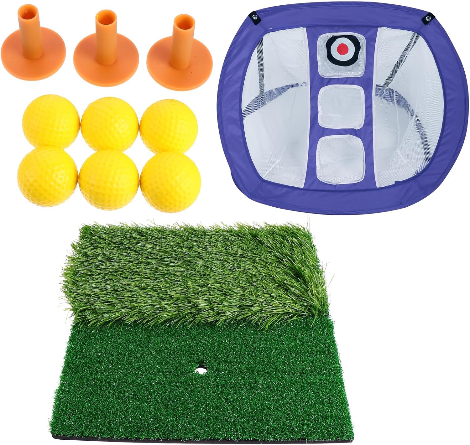 Milisten Golf Practice Net and Mini Chipping Mat Set with Nylon Net, 30x30cm Hitting Mat, 3 Rubber Tees, 6 Yellow Pu Balls for Indoor and Outdoor Golf Training
