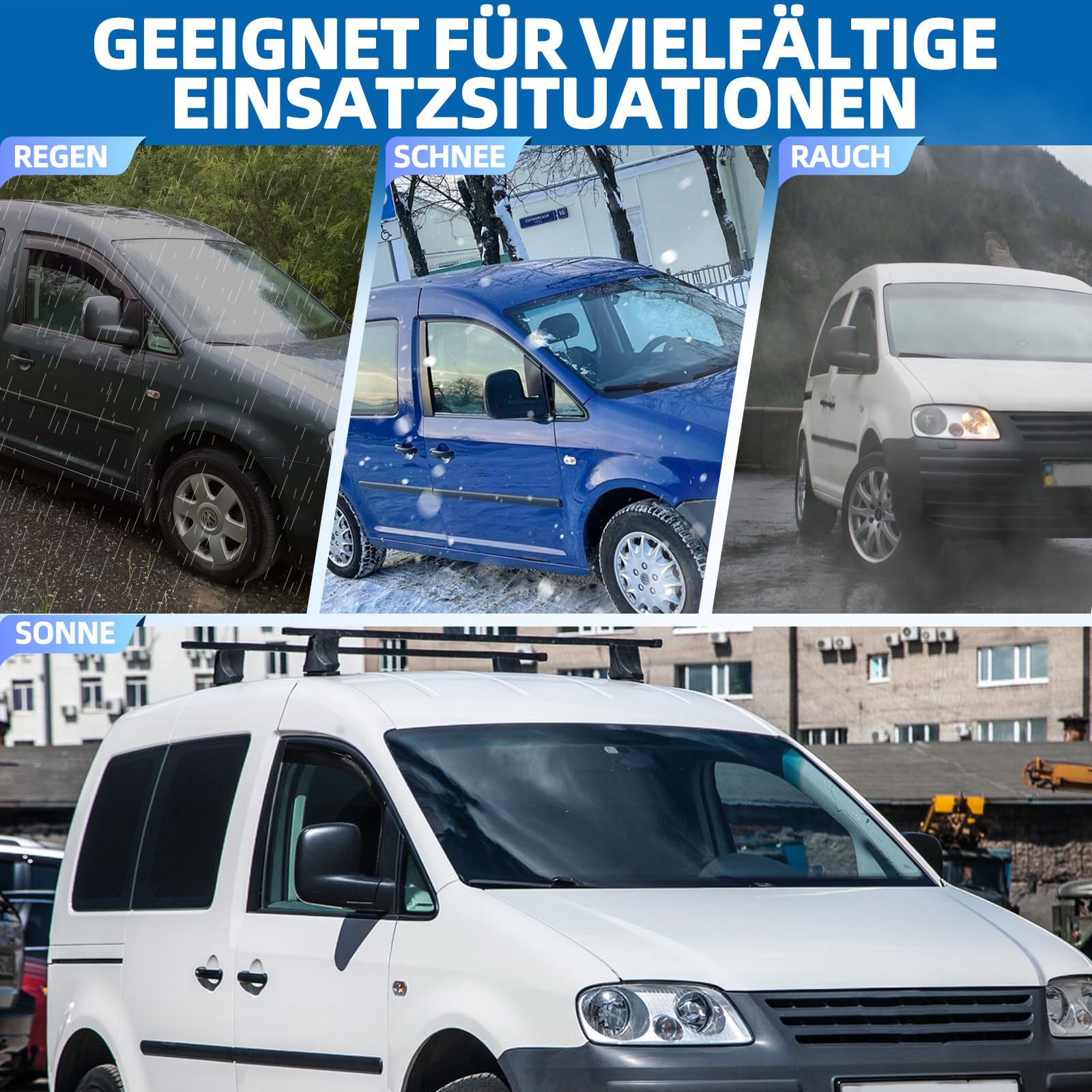 Zweiteiliger Fenster-Regenabweiser für Volkswagen Caddy(2005–2018). Einteiliger Windabweiser, Regen- und Windabweiser, einfach zu montieren, Schwarz